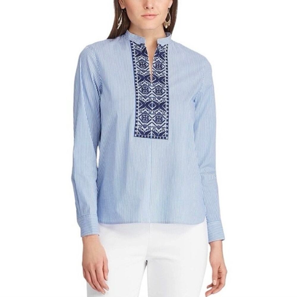 CHAPS Chan Embroidered Blue White Embroidered Stripe Tunic Blouse Dressy Top XL